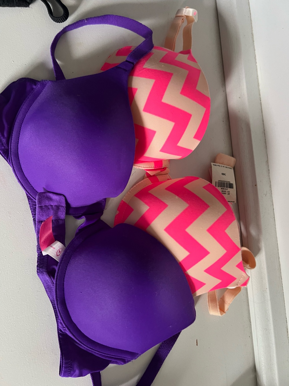 TWO PINK Victoria's Secret Purple Solid (NWOT)+Pink Chevron (NWT) Push-Up Bras